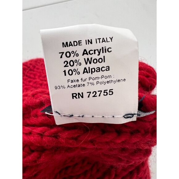 Cintelli e Galluzzo Red Acrylic Wool Alpaca Blend Faux Fur Pom Pom Beanie - Picture 4 of 4